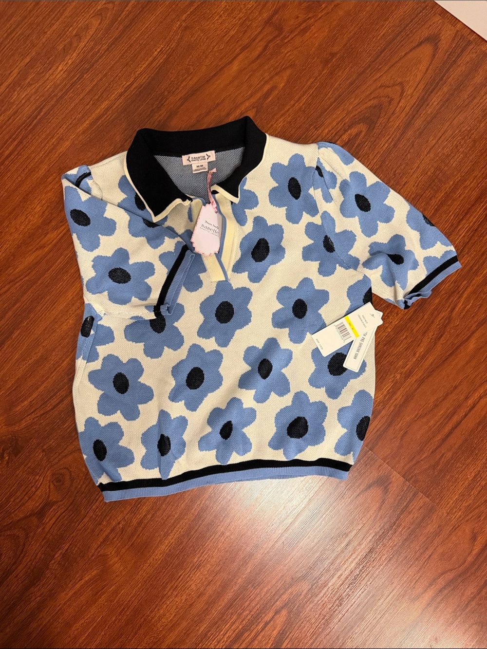 Nanette Lepore Blue Floral Polo with Black Trim